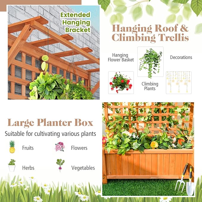S AFSTAR Raised Garden Bed with Trellis Wood Elevated Planter Box with Hanging Roof &amp Climbing Trellis 4 Drainage Holes 72.5 Tall Freestanding Planter Container for Vine Climbing Plants Flower