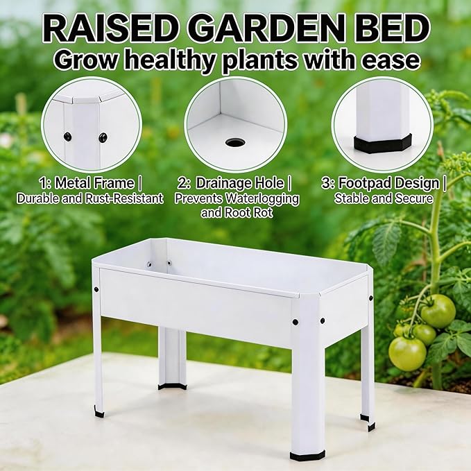 Raised Garden Bed with Legs 24×10.8×18 in Metal Elevated Raised Planter Box with Drainage Holes for Backyard Patio Balcony 80 lb Capacity - White