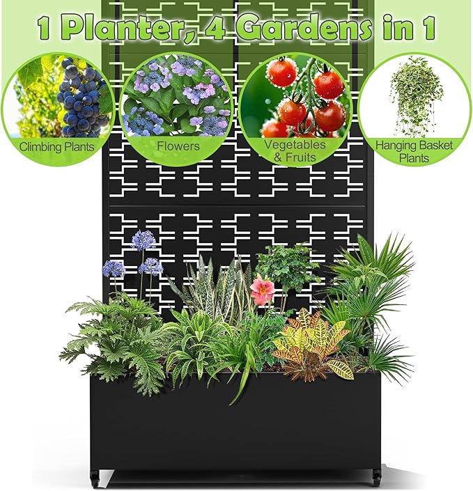 15.7×70.9×35.4 Metal Raised Garden Bed with Trellis and Wheels - Tall Trellis Planter Box for Climbing Plants Vegetables &amp Vines - Outdoor Privacy Planters for Patio (Black-Brick)