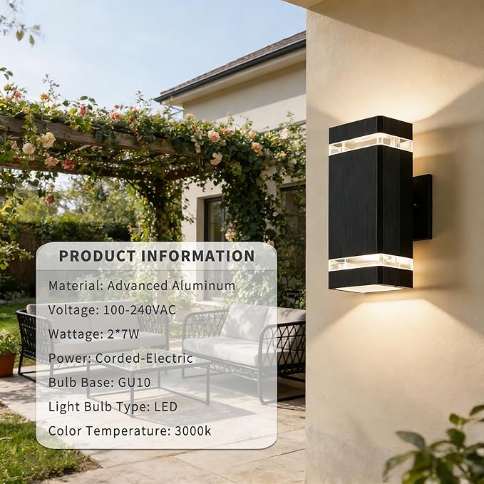 Square Outdoor Wall Lights 2 Pack Up and Down LED Porch Lights Aluminum Exterior Lighting Fixtures with 2 * 7W Bulbs 3000K Waterproof Outdoor Sconces Wall Lighting for House Porch Garage Black