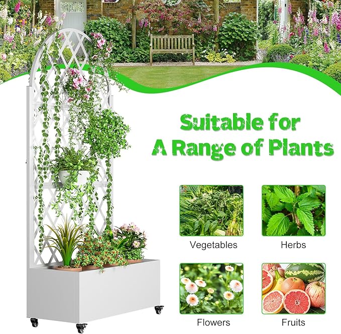 Metal Raised Garden Beds Outdoor with Trellis Raised Planter Box with Drainage Hole &amp Wheels Privacy Screen Trellis Planter for Climbing Plants Vegetable Vines (White)