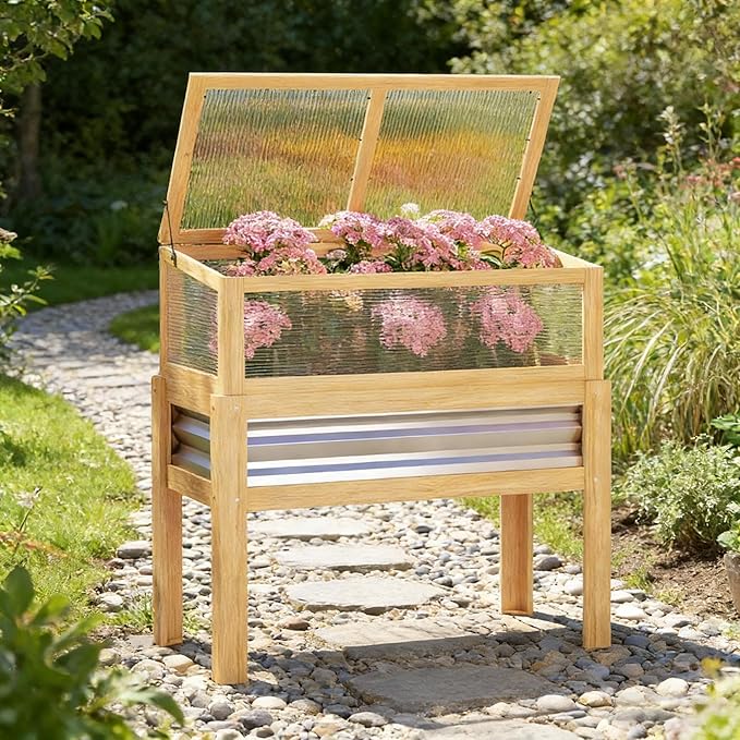 Elevated Raised Garden Bed with Flip-Up Mini Greenhouse Top – Wood Planter Box for Flowers Vegetables &amp Herbs – Weather-Resistant Outdoor Galvanized Metal Frame (Natural Wood)