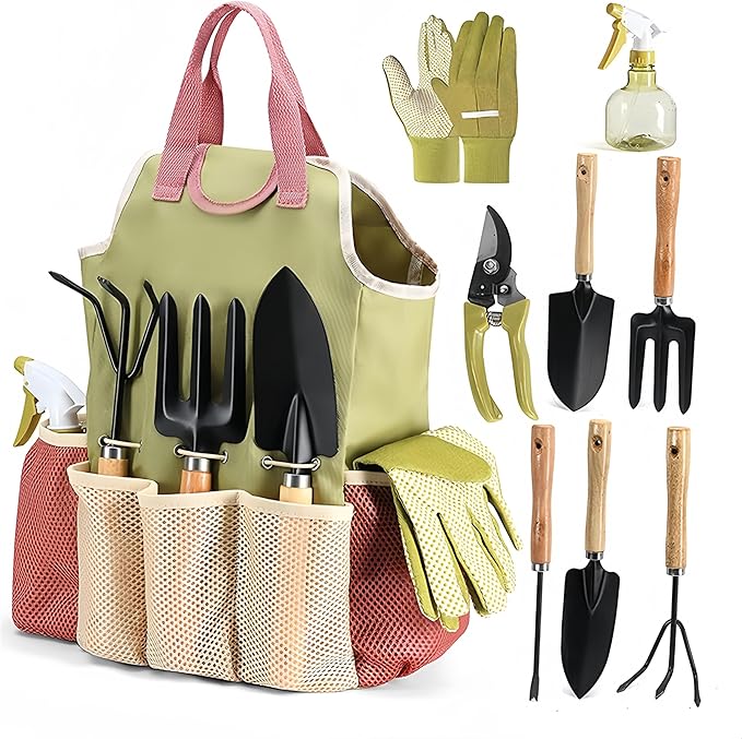Garden Tools Set 9-Piece Heavy Duty Carbon Steel Gardening Kit Ergonomic Hand Tools for Digging Planting Pruning Durable Gardening Tools Set with Storage Solution Ideal Garden Gifts for Women Men