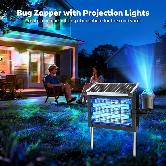 Solar Bug Zapper Outdoor with Projector Lights Mosquito Zapper Waterproof Electric Fly Zapper Rechargeable with 10W Solar Panel 4500V Cordless Fly Trap for Backyard Patio Garden Camping