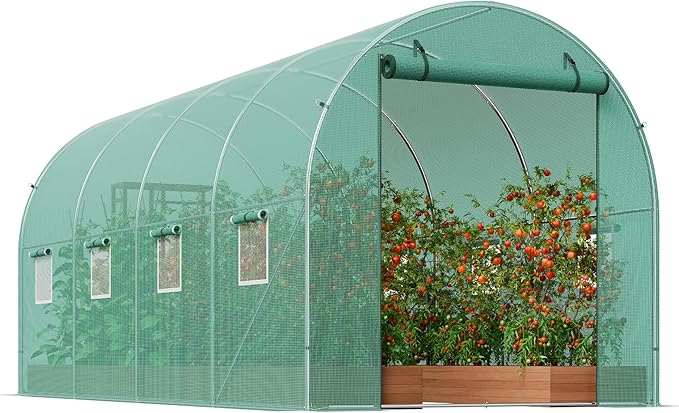 VEVOR Walk-in Tunnel Greenhouse 14.6x6.4x6.3 ft Hoop House Greenhouse Tunnel Plant Hot House with Galvanized Steel Frame Green PE Cover Roll-up Zipper Door and 8 Windows for Outdoor