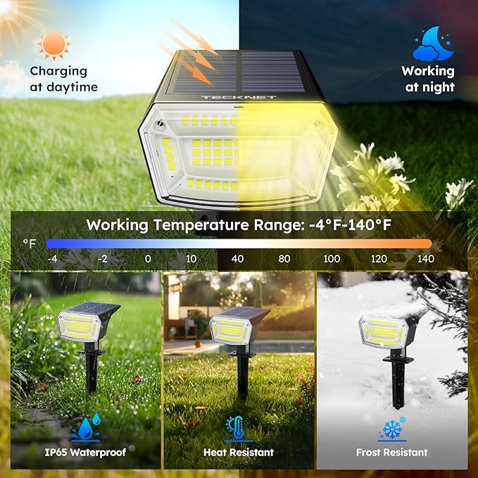 TECKNET Spot Lights Outdoor with 59 LED 6 Pack Solar Lights Outdoor Waterproof IP65 Auto On/Off Solar Spot Lights 3 Lighting Modes Solar Powered Garden 2-in-1 Solars Landscape Light (Warm White)