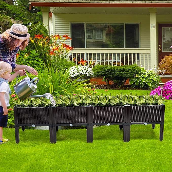 HAPPYGRILL Raised Garden Beds Set of 4 Elevated Planter Boxes with Drain Holes &amp Removable Legs Outdoor Raised Flower Bed for Patio Yard Balcony