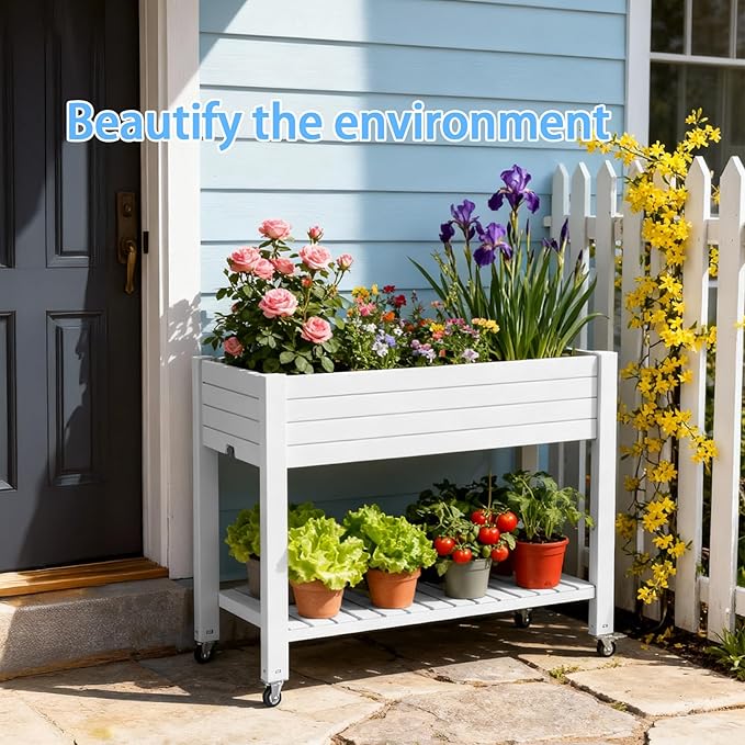 43 Elevated Garden Bed with Wheels &amp Legs 78L/21 Gal Large Raised Planter Box with Drainage &amp Water Level Indicator Mobile Herb Garden Kit for Patio &amp Balcony Grayish-White