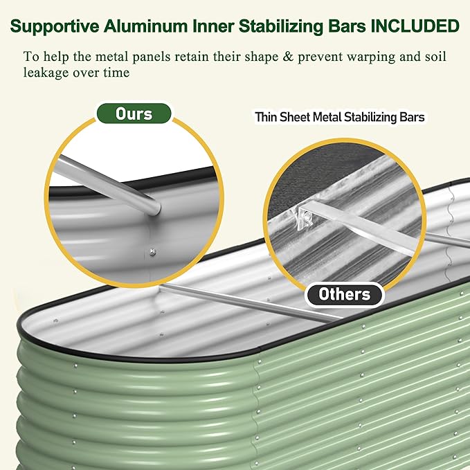 8ftx2ftx2ft Outdoor Raised Garden Bed 9-in-1 Galvanized Metal Planter Box with 4 Aluminum Support Rods 23.1''H Modular Garden Bed Kit Oval for Herbs and Flowers Olive Green