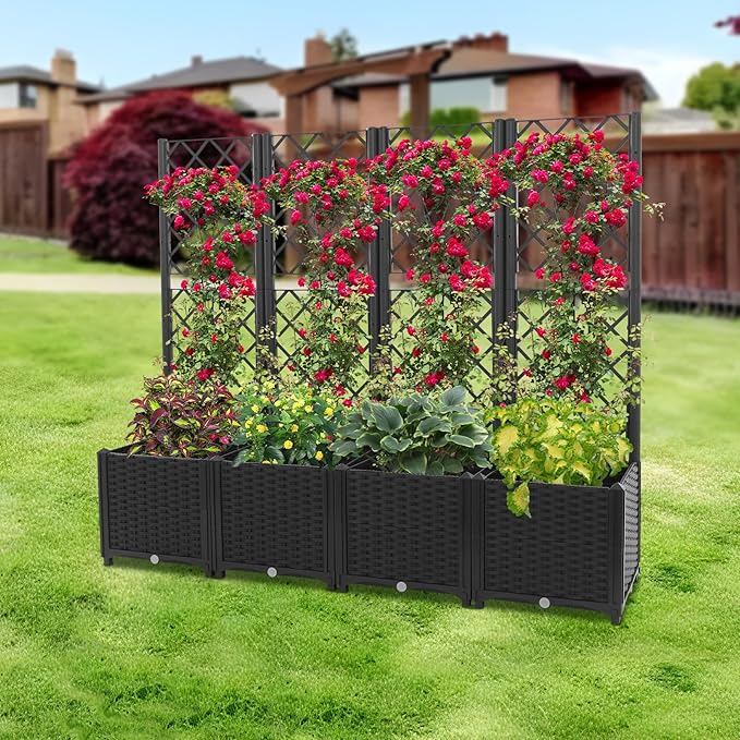 4 PCS Plastic Plant Box with Metal Trellis Raised Garden Bed with Trellis Planter for Climbing Plant Metal Planter Box with Privacy Screen for Backyard Patio
