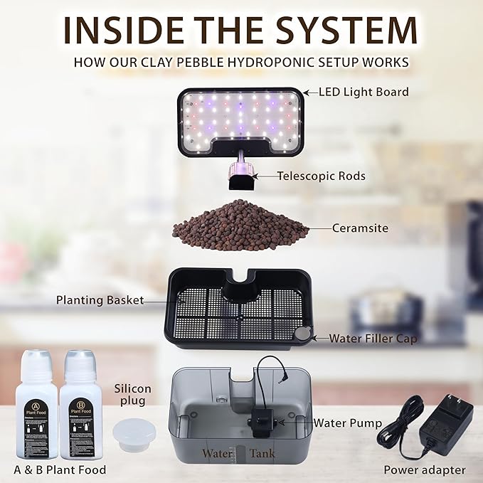 Clay Pebble Hydroponics Growing System Kit – Indoor Herb Garden with Smart LED Grow Light Adjustable Height and Complete Grow Kit – Nutrients Included for Cutting-Edge Indoor Gardening.