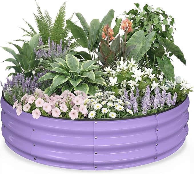 Kesfitt Round Raised Garden Bed 4x4x1 FT Galvanized Steel Metal Garden Bed Open-Bottom Design 12-Inch Deep Outdoor Raised Garden Bed for Vegetables &amp Herbs Lavender Purple