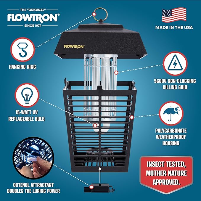 Flowtron Electric Bug Zapper 1/2 Acre Outdoor Insect Control with Dual Lure Method 15W UV Light &amp Octenol Attractant for Fly &amp Mosquito 5600V Kill Grid Made in USA UL Certified