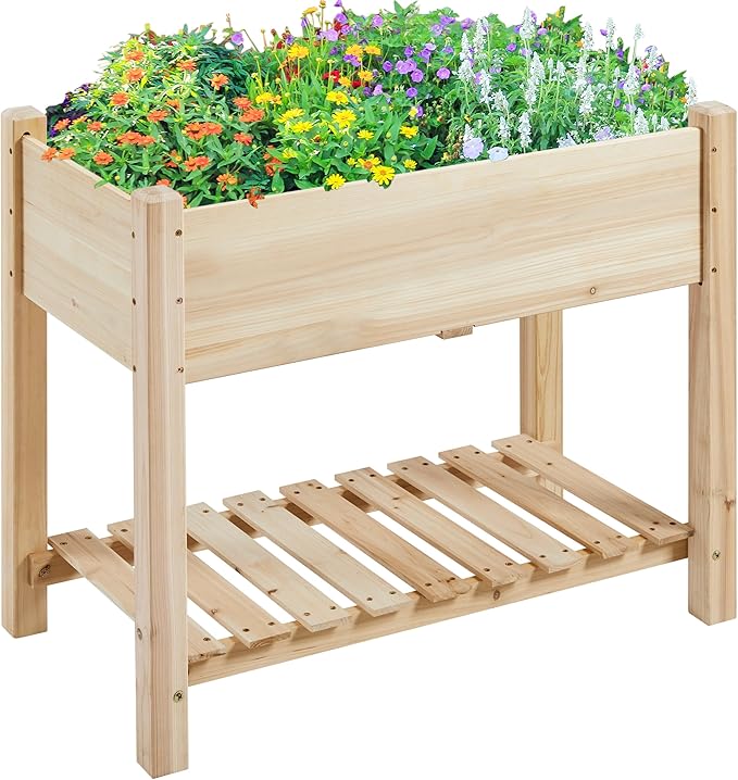 Topeakmart Raised Garden Bed Elevated 2 Tiers Wood Planting Bed Above Ground Planter Box for Vegetables Flowers Herbs Yard Outdoor 34x18x30in 2pcs