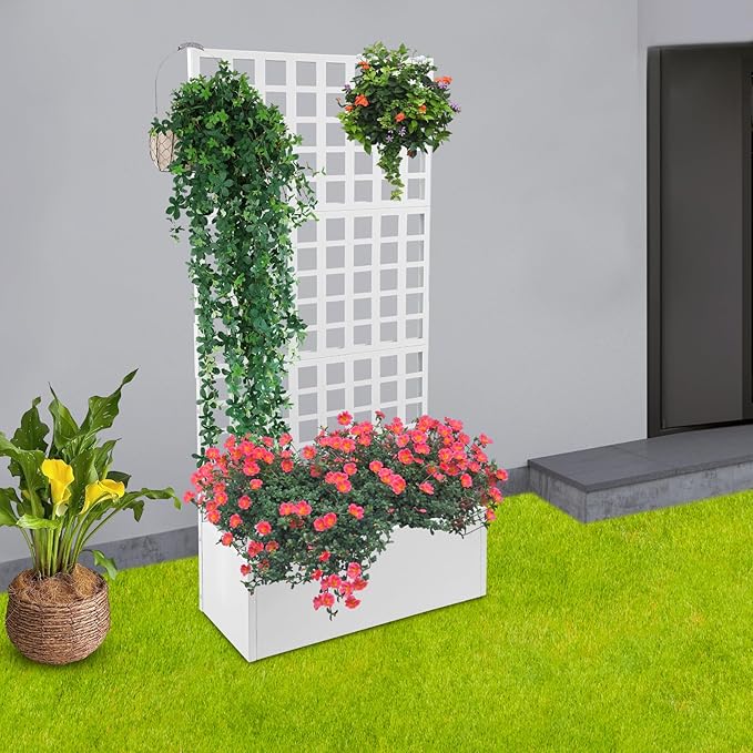 Metal Planter with Trellis 35 x 16'' x 71 Raised Garden Bed with Trellis Steel Rectangular Planter Box with Privacy Screen for Climbing Plants Flowers Vegetables Fruits (White)