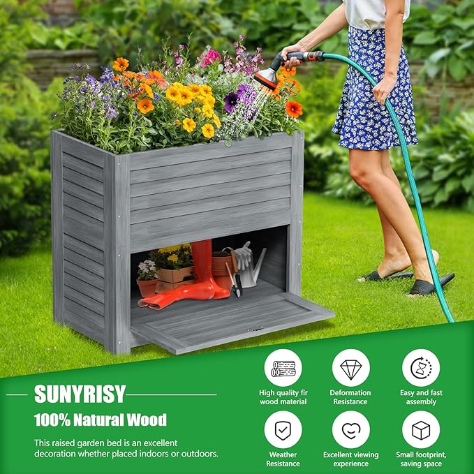 SUNYRISY 2Pack Wooden Raised Garden Bed with Storage Box 34 L x 18 W x 30 H Elevated Large Garden Planter Box for Planting Herb Vegetable Flower Outdoor Indoor Grey