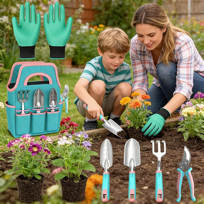 Garden Tool SetPlanting Trowel Rake Gloves with Pruner - Garden Set with Tote - for Indoor Outdoor Lawn Backyard Patio Balcony Greenhouse