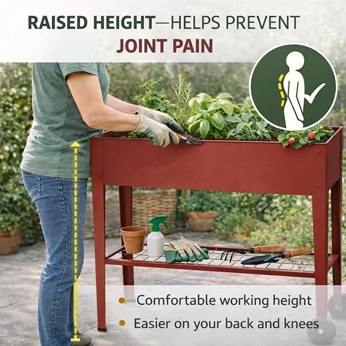 InSideOut Elevated 40 Raised Garden Bed Outdoor with Wheels &amp Shelf for Mobility Metal Planter Box for Vegetables/Herbs Patio-Balcony-Backyard (Red)