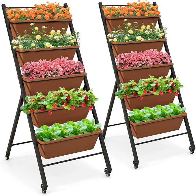 Giantex 2 Pcs Vertical Planter Raised Bed on Wheels Elevated Garden Beds with Water Drainage Hole Freestanding 5 Container Boxes for Herb Vegetables Flowers Growing Outdoor Indoor Patio Balcony