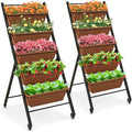 Giantex 2 Pcs Vertical Planter Raised Bed on Wheels Elevated Garden Beds with Water Drainage Hole Freestanding 5 Container Boxes for Herb Vegetables Flowers Growing Outdoor Indoor Patio Balcony