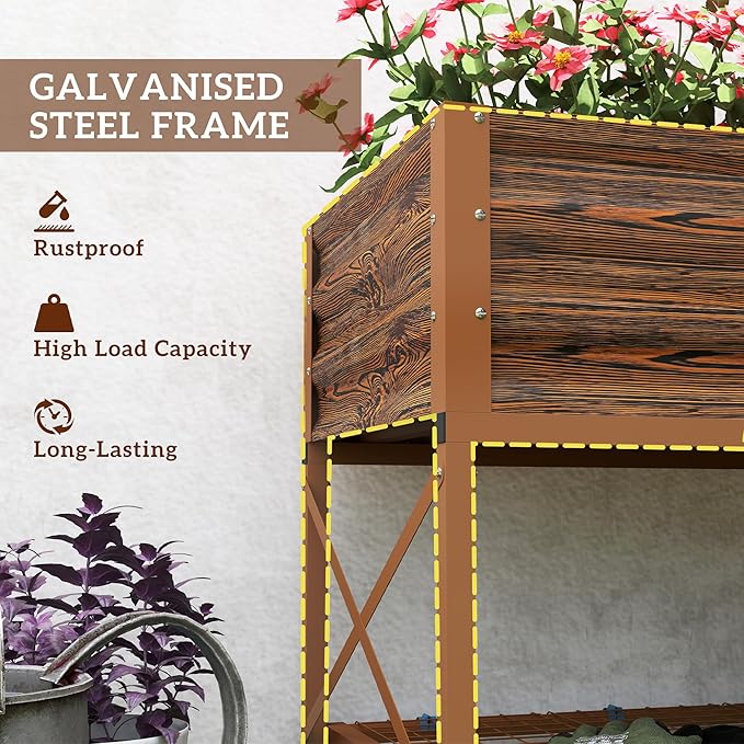 Outsunny Raised Garden Bed with Galvanized Steel Frame Storage Shelf and Bed Liner Elevated Planter Box with Legs for Vegetables Flowers Herbs Dark Brown