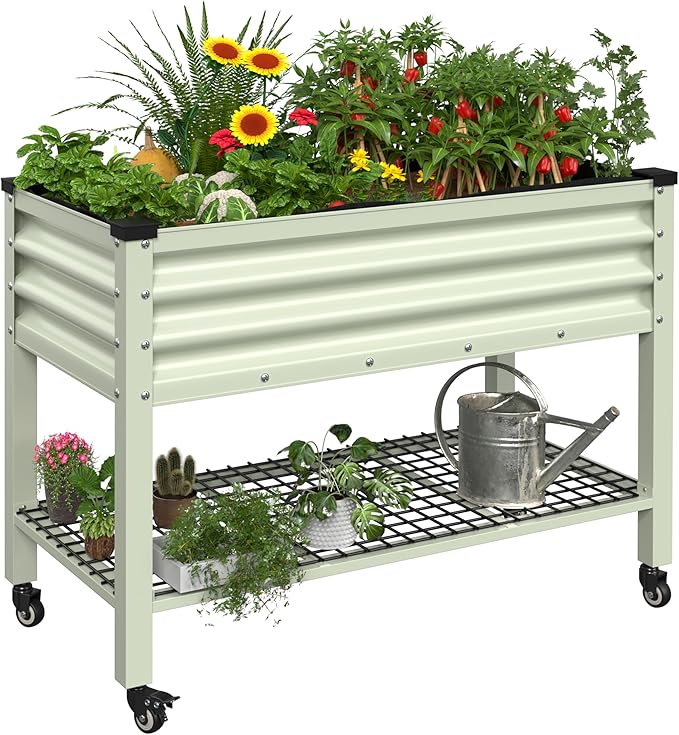 MUPATER 48 L x 24 W x 34 H Galvanized Steel Raised Garden Bed 507lbs Capacity Large Metal Elevated Raised Planter Box with Rolling Casters &amp Extra Bottom Shelf for Patio Balcony Beige