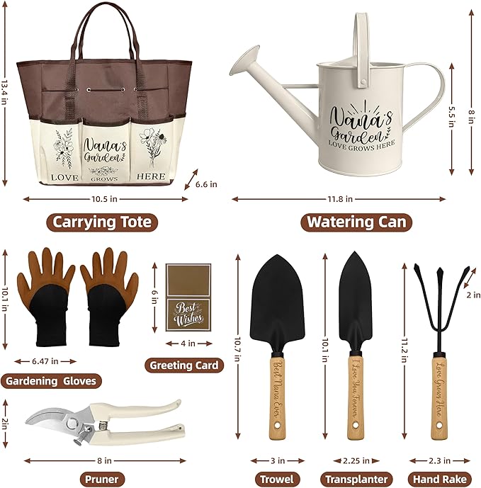 Nana Gifts Garden Kit Gifts for Nana Mothers Day from Grandkids Gardening Tools and Durable Garden Tools Organizer Tote Ideal Gardening Set for Women on Plant Lover Birthday Present Brown