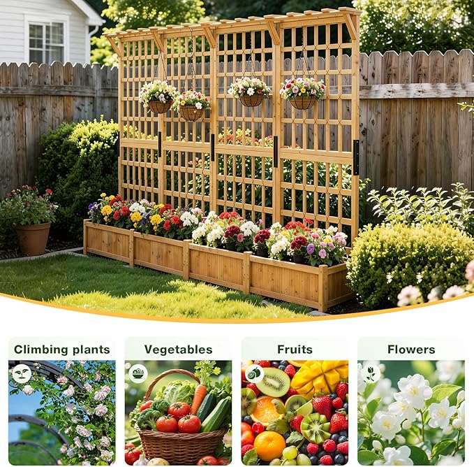 Aoxun 36 Raised Garden Bed with Trellis Wood Planter Container with Hanging Roof &amp Garden Boxes for Climbing Plants Flowers Vine (1 piece)