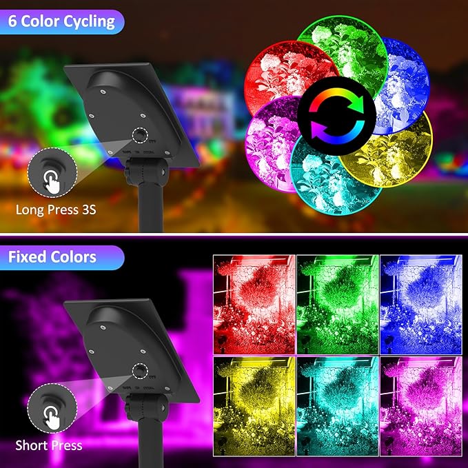 T-SUNUS Halloween Color Changing Solar Landscape Spotlights 6 Pack IP65 Waterproof Christmas Lights 9.8ft Cable Outdoor RGB Spot Light Separated Panel for Flag Tree Yard Garden Driveway Walkway Pond