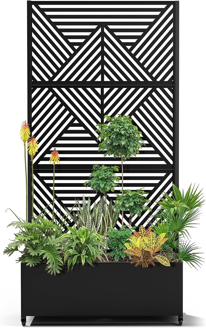 15.7×70.9×35.4 Metal Raised Garden Bed with Trellis and Wheels - Tall Trellis Planter Box for Climbing Plants Vegetables &amp Vines - Outdoor Privacy Planters for Patio (Black-Zodiac)