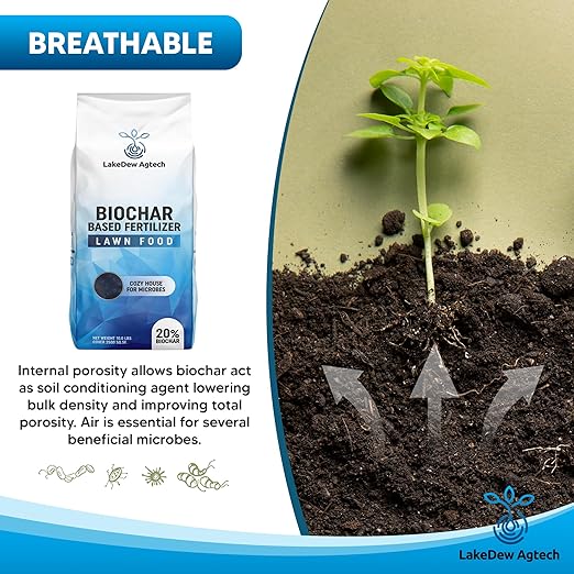 LakeDew Biochar Lawn Fertilizer 16‑0‑8 – Moisture Retention &amp Microbial Boost – Fix New Construction or Sandy Soils – Eco‑Friendly Covers 2500‑6000 sq ft (19.6lb)