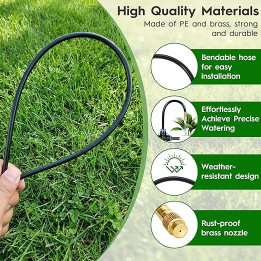 100Ft 360° Adjustable Drip Irrigation System Kit 1/4 Inch PE Tubing with 20 Bendable Nozzles Automatic Garden Watering System for Greenhouse Lawn Raised Bed Flower Bed