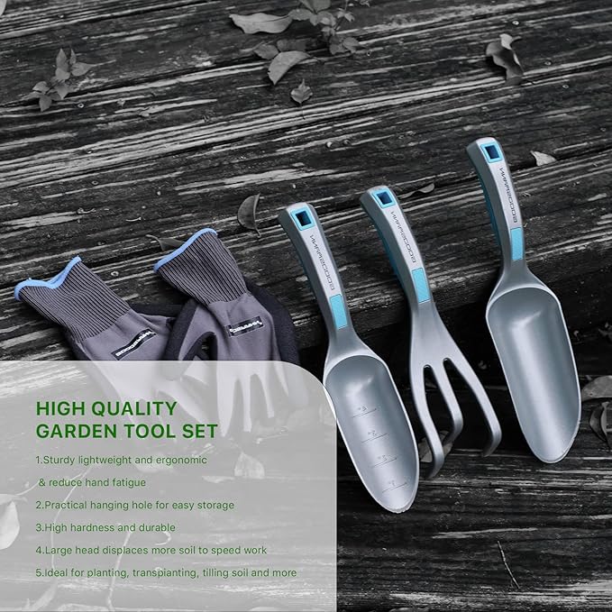 GOODSMANN Garden Tools Set 3 Piece All One Piece Die-Cast Aluminum Gardening Kit Hand Shovel Hand Transplanter and Hand Cultivator Shovel Soils Scoop Triple Claw Rake for Digging Planting