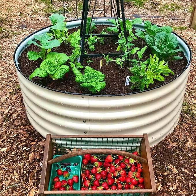 17'' Tall Round Raised Garden Bed Kit Outdoor Zinc-Aluminum-Magnesium Metal Flower Beds Stainless Steel Patio Ground Planter for Planting Vegetables (Ivory)