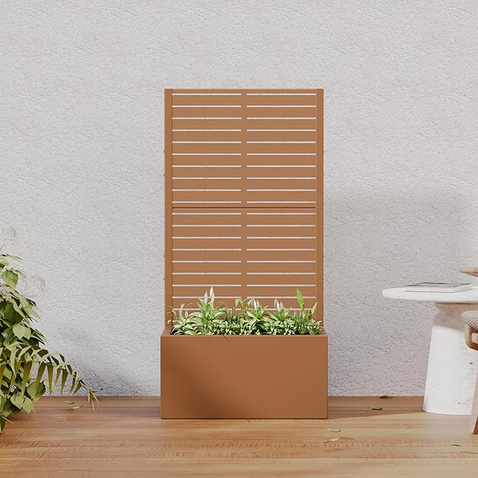 Casaphoria Metal Raised Garden Bed with Trellis 59x30x12 Planter Box for Climbing Plants Vegetables &amp Vines Features Drainage Holes and Privacy Screen (Black-Louvered)