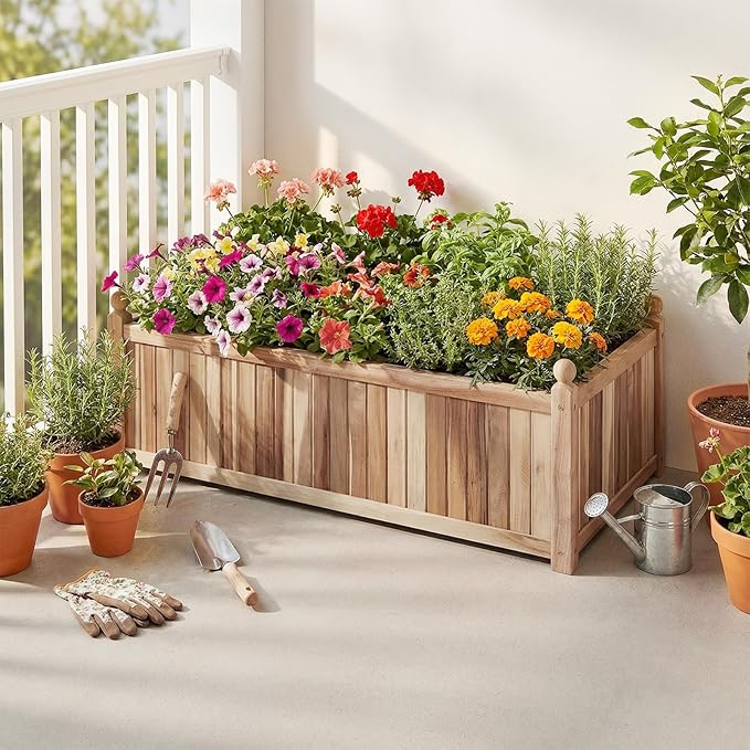 Wood Raised Garden Bed Rectangular Planter Box with Liner &amp Drainage Easy Assembly for Growing Vegetable Flower Herb Fruit Outdoor Planting Bed for Backyard Garden (1 44” x 23” x 16”)
