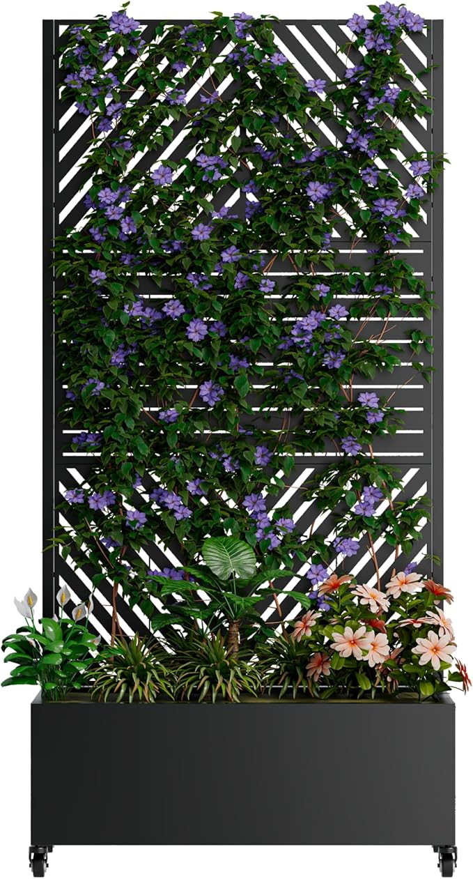 Metal Planter Box with Trellis Raised Garden Bed with Wheels Trellis Privacy Screen Planter for Climbing Plants Vegetables Vines Outdoor Garden Use Black-3