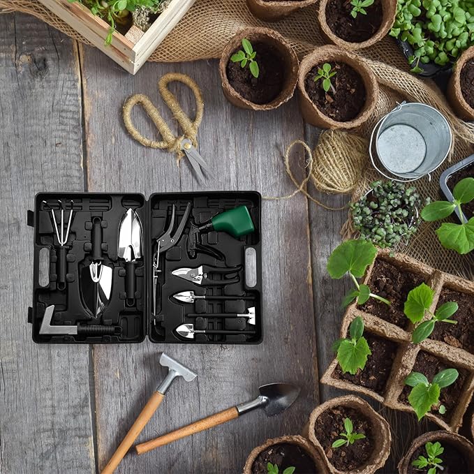HARFINGTON 1 Set Garden Tool Set 10 Pieces Plastic Gardening Planting Tools Kits with Shovels Rake Scissor Trimmer Water Sprayer and Store Case Black
