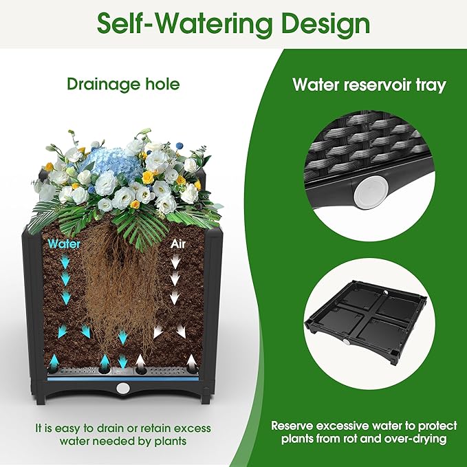 Onelike 48'' x 16'' x 55.5'' Plastic Raised Garden Bed with Greenhouse Cover and Trellis Vertical Tomato Planters for Climbing Plants Self Watering System Tomatoes Cage for PatioBlackLarge