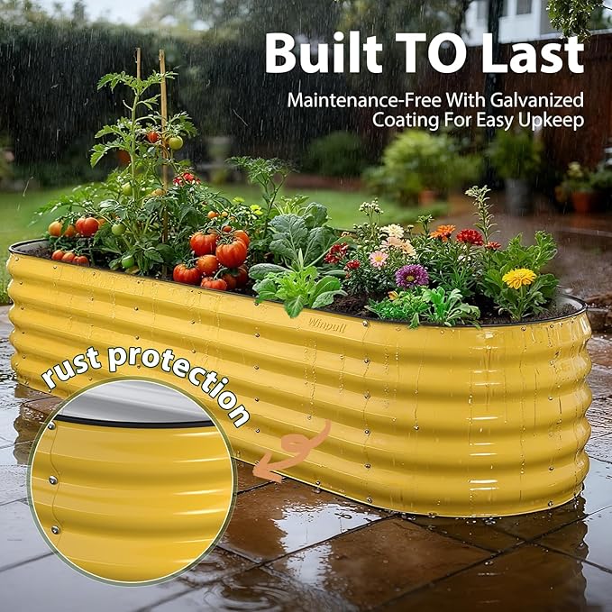 8x2x1.5 ft Galvanized Steel Raised Garden Bed Raised Garden Bed Kit Galvanized Planter Box Outdoor 18 Tall Oval Large Metal Raised Bed for Gardening Vegetables Flower Herb (Cream Yellow)