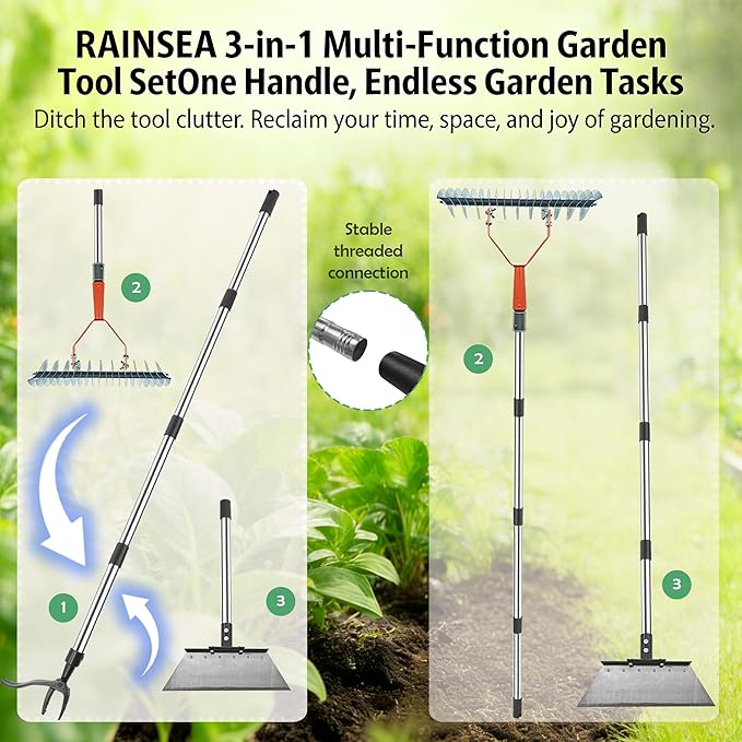 Garden Weed pullerTooHeavy Duty 12 Multi Flat ShovelScraper 14 Steel Thatch Rake with Adjustable Long Handle forLeaf &amp Moss&amp Edging &amp Ice &amp Snow Removal in Lawn DrivewaysPatios C