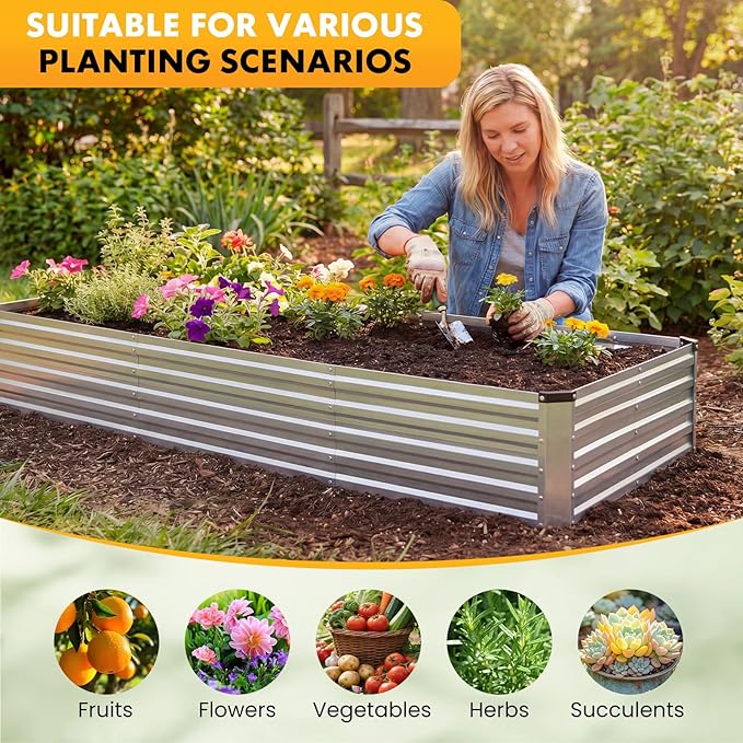 NEWBULIG 8x4x1ft Galvanized Raised Garden Bed Outdoor Metal Planters Box for Vegetables Flowers &amp Herbs Open Base Easy Assembly X-Shaped Bars