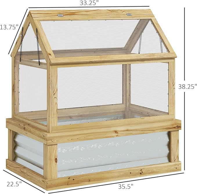 Raised Garden Bed with Polycarbonate Greenhouse Wooden Cold e Greenhouse GFlower Planter Protection Peak Roof 35.5 x 22.5 x 38.25 Natural