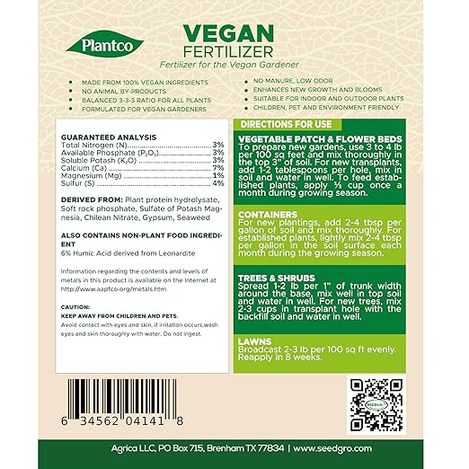 Vegan Fertilizer Mix with Plant-Based Ingredients | Cruelty-Free No Animal by-Products | All-Purpose Granular Fertilizer NPK 3-3-3 with Other Nutrients | 4 lb Bag