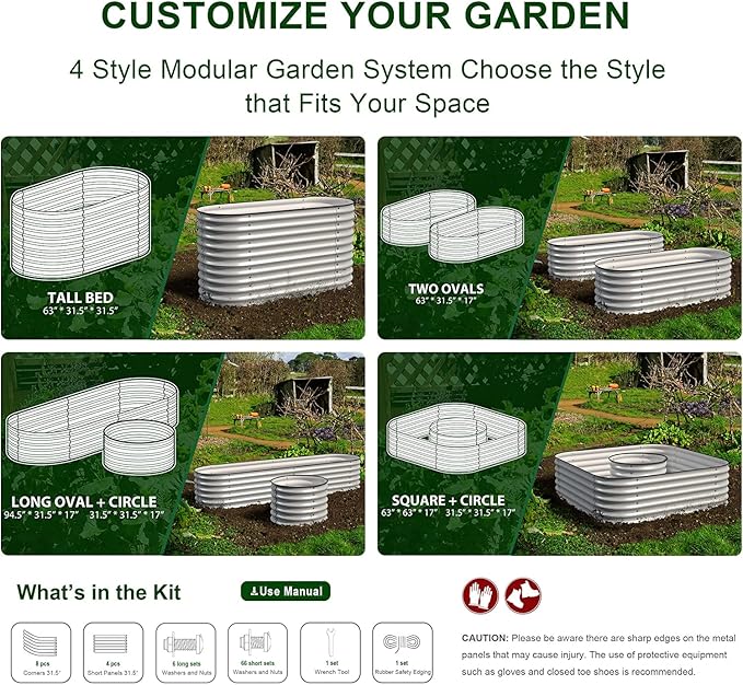Olle 4-Style Modular Galvanized Raised Garden Beds Outdoor Easy Quick Setup 17 Tall 4-in-1 Metal Planter Boxes Outdoor for Flowers Vegetables Fruits Herbs DIY Gardening Ivory