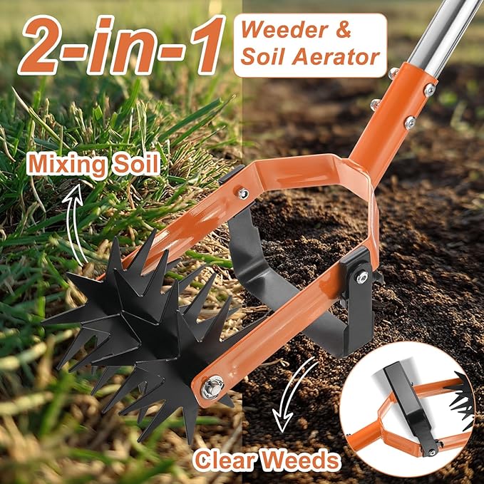2-in-1 Rotary Cultivator Tool 72 Inch Adjustable Garden Hand Tiller with Star-Shaped Rolling Tines Weeder &amp Soil Aerator for Loosening Mixing Soil/Lawn Care/Reseeding Grass