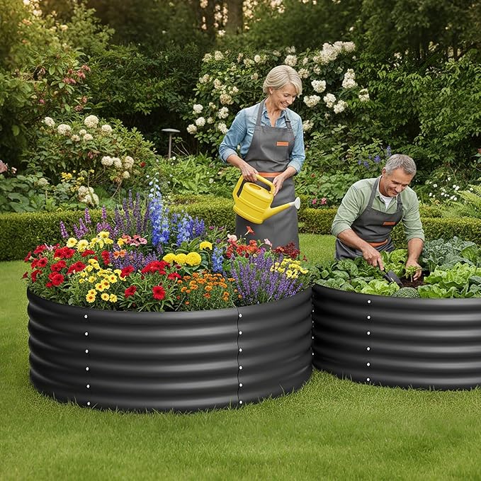 DDK Galvanized Raised Garden BedRound Outdoor Planter Bed 4x4x1.5ft Metal Planter Box for Gardening and PlantingBK
