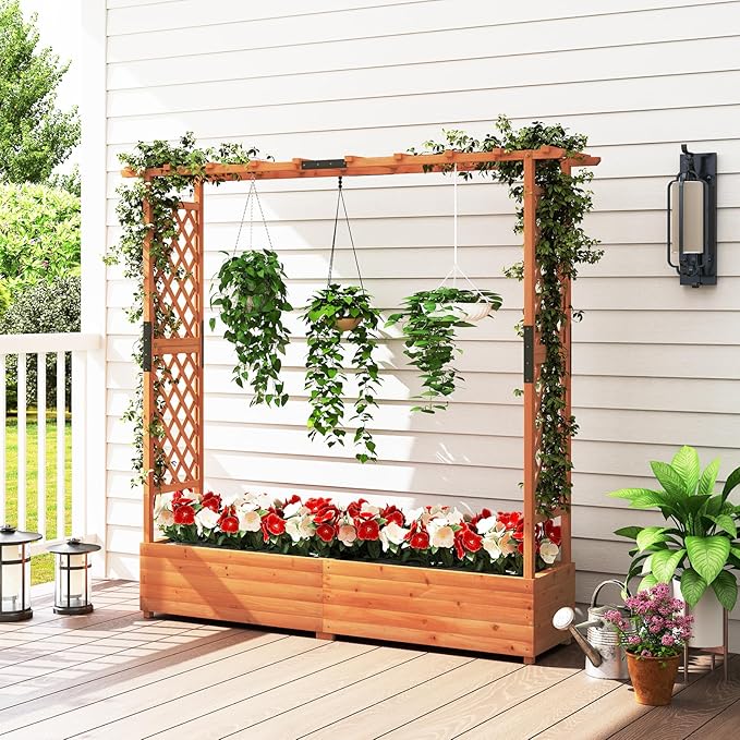 ORALNER Raised Garden Bed with Trellis Wooden Planter Box with Climbing Frame Outdoor Elevated Garden Box for Vegetables Herbs Flowers Fruits (Extra Large)