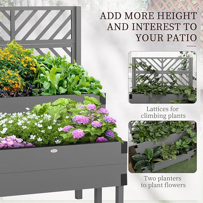 Raised Garden Bed with Trellis - 2 Tier Wooden Elevated Planter Box with Legs and Metal Corners - Ideal for Vegetables Flowers Herbs