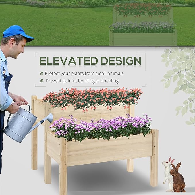 34x34x28 Raised Garden Bed 2-Tier Elevated Wood Planter Box for Backyard Patio to Grow Vegetables Herbs and Flowers Natural